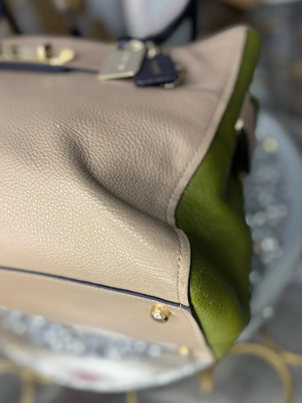 Coach 2015 Swagger Carryall Colorblock Leather Tote Satchel STONE Green Navy EUC - Picture 13 of 15